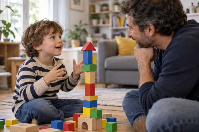 Un jeune enfant raconte quelque chose à un parent en montrant une tour de blocs colorés
