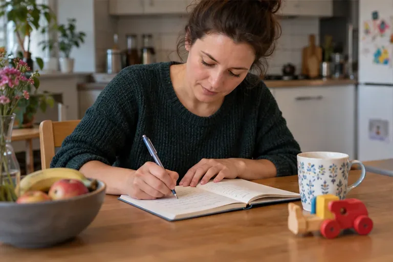 Eine Mutter notiert Beobachtungen in ein Heft; Spielzeug liegt neben dem offenen Notizbuch.