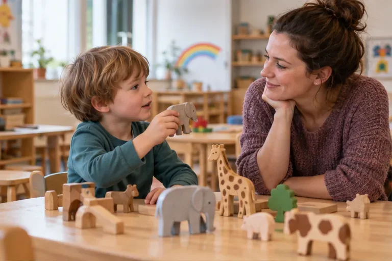 Ein Vorschulkind spricht beim Spielen mit Holzfiguren, während eine Bezugsperson aufmerksam zuhört.