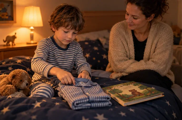 Ein Kind bereitet abends auf dem Bett einen Schlafanzug neben einem Bilderbuch vor, während eine erwachsene Person dabeisitzt.