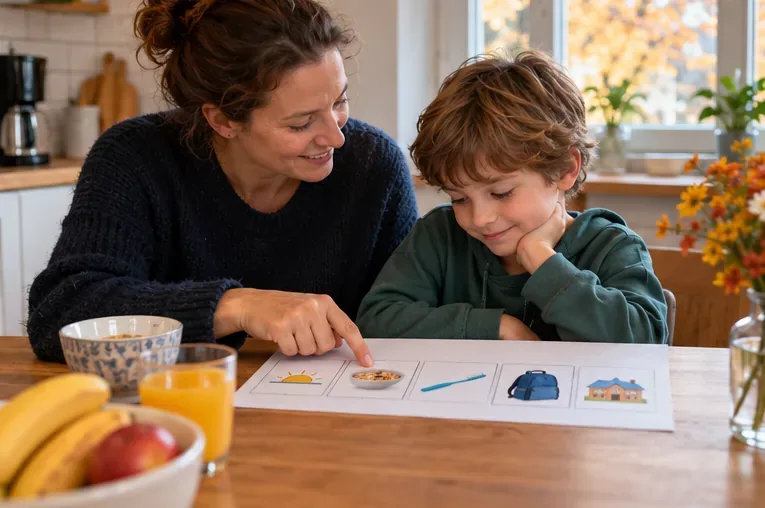 Eine erwachsene Person und ein Kind sitzen morgens beim Frühstück und zeigen auf einen einfachen Bildplan mit Sonne, Schüssel und Schultasche.