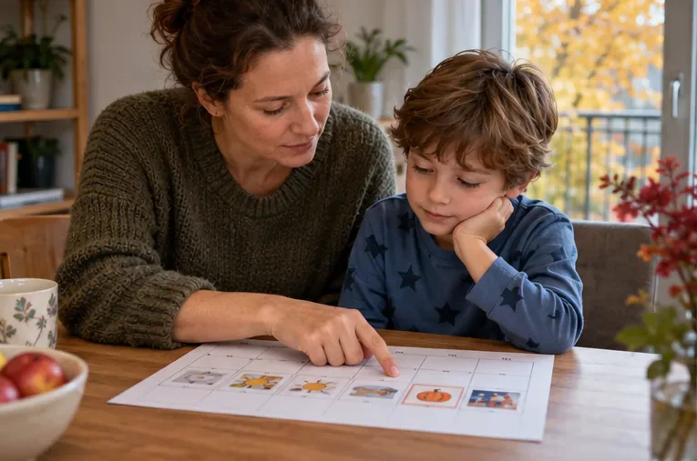 Eine erwachsene Person und ein Kind betrachten an einem Tisch gemeinsam einen bebilderten Wochenkalender; draußen sind Herbstblätter zu sehen.