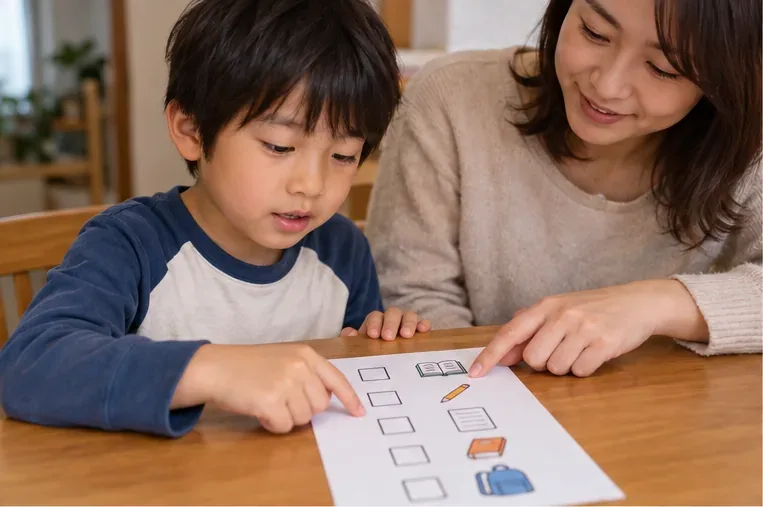 親子が机で、教科書や鉛筆の絵が並んだ宿題チェックリストを一緒に確認している様子