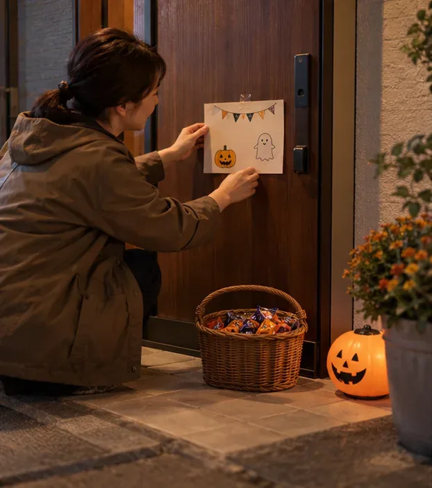 大人がハロウィーンの絵を描いた紙を玄関に貼り、足元に菓子のかごを置いている