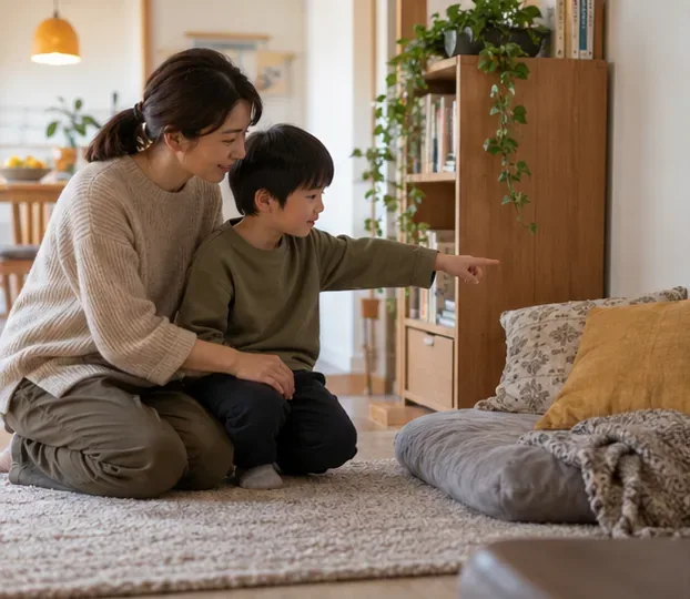 親子が玄関から離れた居間でクッションの置かれた休憩場所を一緒に選んでいる