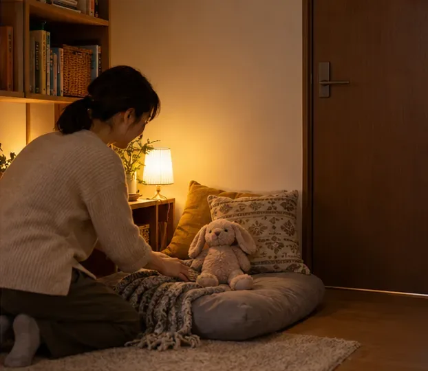 大人が柔らかな照明の下でクッションとぬいぐるみを整えている